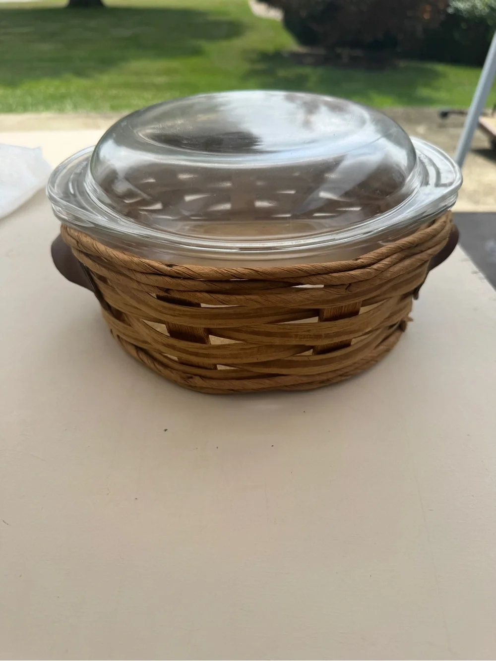 Pyrex Clear Glass Casserole Dish with Woven Brown Rattan Basket